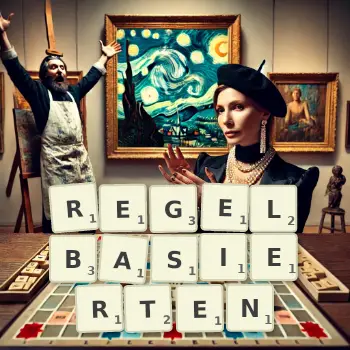 Kreative Illustration für ein Scrabble-Spiel, bei dem das Wort REGELBASIERTEN mit Steinen auf dem Brett gelegt wurde.