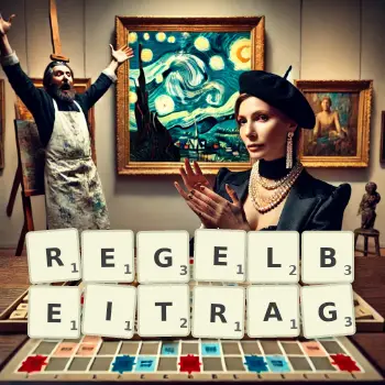 Kreative Illustration für ein Scrabble-Spiel, bei dem das Wort REGELBEITRAG mit Steinen auf dem Brett gelegt wurde.