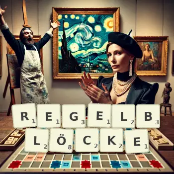 Kreative Illustration für ein Scrabble-Spiel, bei dem das Wort REGELBLÖCKE mit Steinen auf dem Brett gelegt wurde.