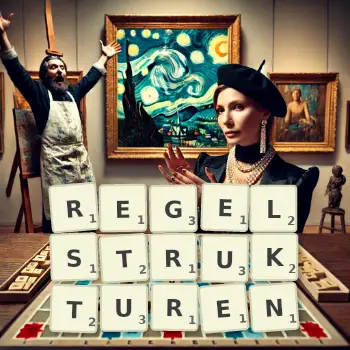 Kreative Illustration für ein Scrabble-Spiel, bei dem das Wort REGELSTRUKTUREN mit Steinen auf dem Brett gelegt wurde.