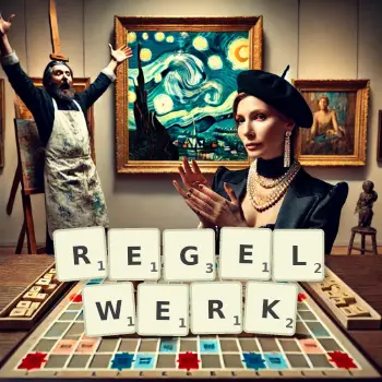 Kreative Illustration für ein Scrabble-Spiel, bei dem das Wort REGELWERK mit Steinen auf dem Brett gelegt wurde.