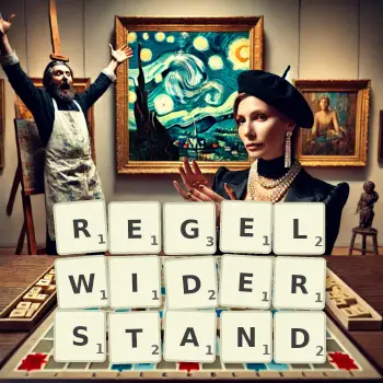 Kreative Illustration für ein Scrabble-Spiel, bei dem das Wort REGELWIDERSTAND mit Steinen auf dem Brett gelegt wurde.