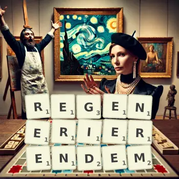 Kreative Illustration für ein Scrabble-Spiel, bei dem das Wort REGENERIERENDEM mit Steinen auf dem Brett gelegt wurde.