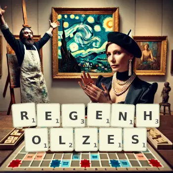 Kreative Illustration für ein Scrabble-Spiel, bei dem das Wort REGENHOLZES mit Steinen auf dem Brett gelegt wurde.