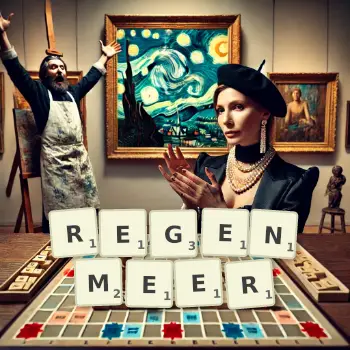 Kreative Illustration für ein Scrabble-Spiel, bei dem das Wort REGENMEER mit Steinen auf dem Brett gelegt wurde.