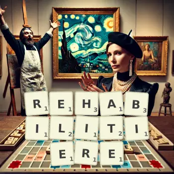 Kreative Illustration für ein Scrabble-Spiel, bei dem das Wort REHABILITIERE mit Steinen auf dem Brett gelegt wurde.