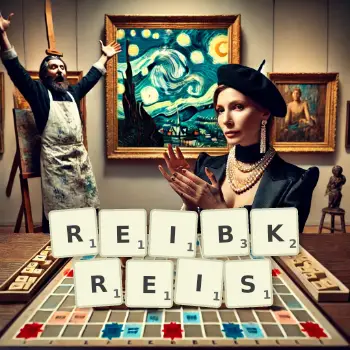 Kreative Illustration für ein Scrabble-Spiel, bei dem das Wort REIBKREIS mit Steinen auf dem Brett gelegt wurde.