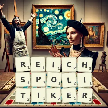 Kreative Illustration für ein Scrabble-Spiel, bei dem das Wort REICHSPOLITIKER mit Steinen auf dem Brett gelegt wurde.