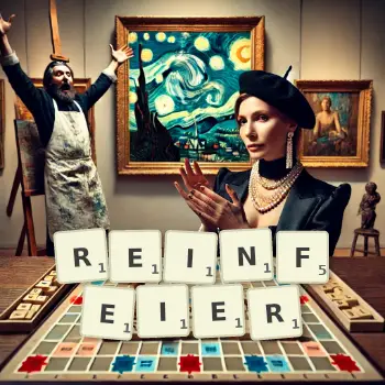 Kreative Illustration für ein Scrabble-Spiel, bei dem das Wort REINFEIER mit Steinen auf dem Brett gelegt wurde.