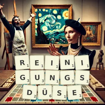 Kreative Illustration für ein Scrabble-Spiel, bei dem das Wort REINIGUNGSDÜSE mit Steinen auf dem Brett gelegt wurde.