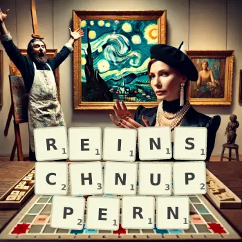Kreative Illustration für ein Scrabble-Spiel, bei dem das Wort REINSCHNUPPERN mit Steinen auf dem Brett gelegt wurde.