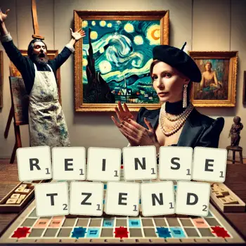 Kreative Illustration für ein Scrabble-Spiel, bei dem das Wort REINSETZEND mit Steinen auf dem Brett gelegt wurde.