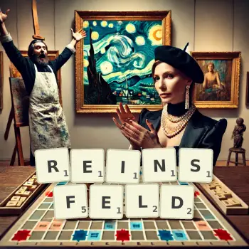 Kreative Illustration für ein Scrabble-Spiel, bei dem das Wort REINSFELD mit Steinen auf dem Brett gelegt wurde.