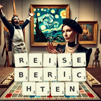 Kreative Illustration für ein Scrabble-Spiel, bei dem das Wort REISEBERICHTEN mit Steinen auf dem Brett gelegt wurde.