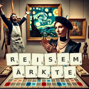 Kreative Illustration für ein Scrabble-Spiel, bei dem das Wort REISEMÄRKTE mit Steinen auf dem Brett gelegt wurde.