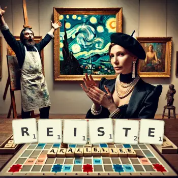 Kreative Illustration für ein Scrabble-Spiel, bei dem das Wort REISTE mit Steinen auf dem Brett gelegt wurde.