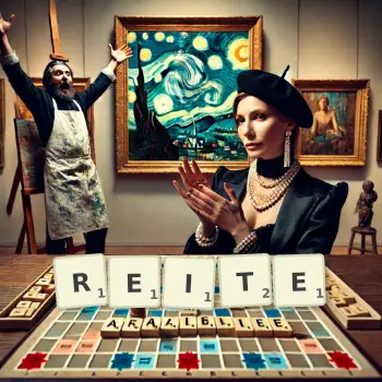 Kreative Illustration für ein Scrabble-Spiel, bei dem das Wort REITE mit Steinen auf dem Brett gelegt wurde.