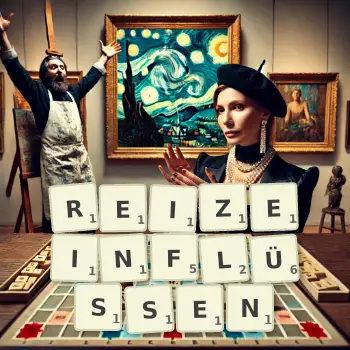 Kreative Illustration für ein Scrabble-Spiel, bei dem das Wort REIZEINFLÜSSEN mit Steinen auf dem Brett gelegt wurde.