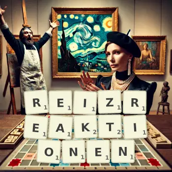 Kreative Illustration für ein Scrabble-Spiel, bei dem das Wort REIZREAKTIONEN mit Steinen auf dem Brett gelegt wurde.