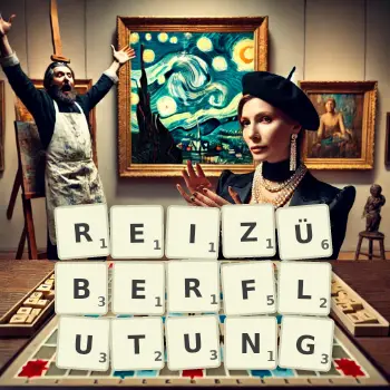 Kreative Illustration für ein Scrabble-Spiel, bei dem das Wort REIZÜBERFLUTUNG mit Steinen auf dem Brett gelegt wurde.
