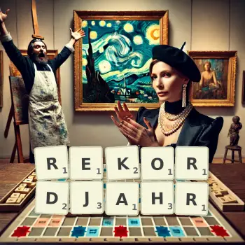 Kreative Illustration für ein Scrabble-Spiel, bei dem das Wort REKORDJAHR mit Steinen auf dem Brett gelegt wurde.