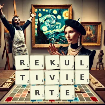 Kreative Illustration für ein Scrabble-Spiel, bei dem das Wort REKULTIVIERTE mit Steinen auf dem Brett gelegt wurde.
