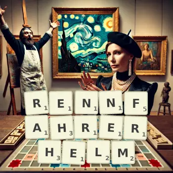 Kreative Illustration für ein Scrabble-Spiel, bei dem das Wort RENNFAHRERHELM mit Steinen auf dem Brett gelegt wurde.