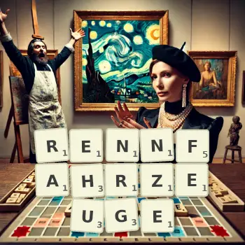 Kreative Illustration für ein Scrabble-Spiel, bei dem das Wort RENNFAHRZEUGE mit Steinen auf dem Brett gelegt wurde.