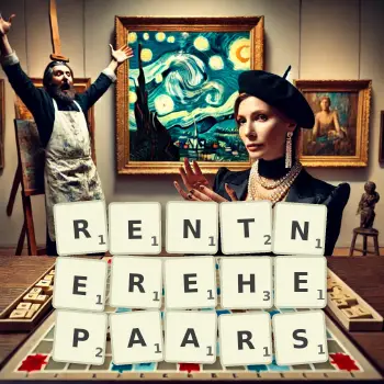 Kreative Illustration für ein Scrabble-Spiel, bei dem das Wort RENTNEREHEPAARS mit Steinen auf dem Brett gelegt wurde.