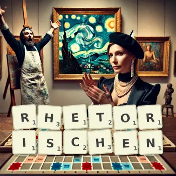 Kreative Illustration für ein Scrabble-Spiel, bei dem das Wort RHETORISCHEN mit Steinen auf dem Brett gelegt wurde.