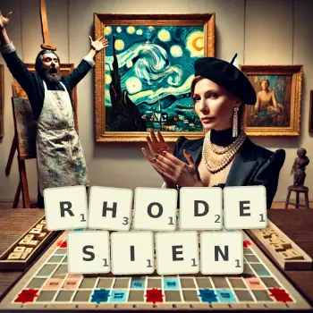 Kreative Illustration für ein Scrabble-Spiel, bei dem das Wort RHODESIEN mit Steinen auf dem Brett gelegt wurde.
