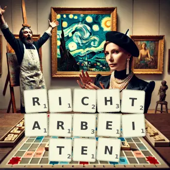 Kreative Illustration für ein Scrabble-Spiel, bei dem das Wort RICHTARBEITEN mit Steinen auf dem Brett gelegt wurde.