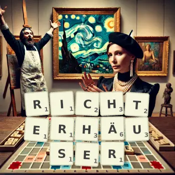 Kreative Illustration für ein Scrabble-Spiel, bei dem das Wort RICHTERHÄUSER mit Steinen auf dem Brett gelegt wurde.