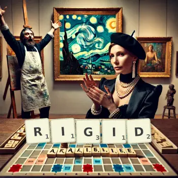 Kreative Illustration für ein Scrabble-Spiel, bei dem das Wort RIGID mit Steinen auf dem Brett gelegt wurde.