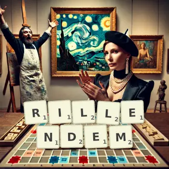 Kreative Illustration für ein Scrabble-Spiel, bei dem das Wort RILLENDEM mit Steinen auf dem Brett gelegt wurde.