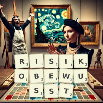 Kreative Illustration für ein Scrabble-Spiel, bei dem das Wort RISIKOBEWUSST mit Steinen auf dem Brett gelegt wurde.