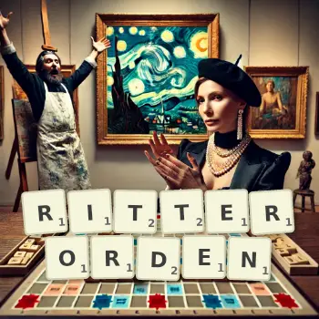 Kreative Illustration für ein Scrabble-Spiel, bei dem das Wort RITTERORDEN mit Steinen auf dem Brett gelegt wurde.