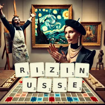 Kreative Illustration für ein Scrabble-Spiel, bei dem das Wort RIZINUSSE mit Steinen auf dem Brett gelegt wurde.