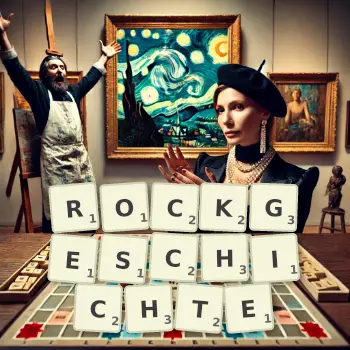 Kreative Illustration für ein Scrabble-Spiel, bei dem das Wort ROCKGESCHICHTE mit Steinen auf dem Brett gelegt wurde.