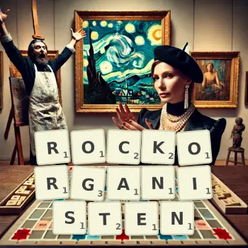 Kreative Illustration für ein Scrabble-Spiel, bei dem das Wort ROCKORGANISTEN mit Steinen auf dem Brett gelegt wurde.