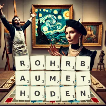 Kreative Illustration für ein Scrabble-Spiel, bei dem das Wort ROHRBAUMETHODEN mit Steinen auf dem Brett gelegt wurde.