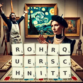 Kreative Illustration für ein Scrabble-Spiel, bei dem das Wort ROHRQUERSCHNITT mit Steinen auf dem Brett gelegt wurde.