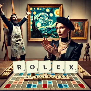 Kreative Illustration für ein Scrabble-Spiel, bei dem das Wort ROLEX mit Steinen auf dem Brett gelegt wurde.