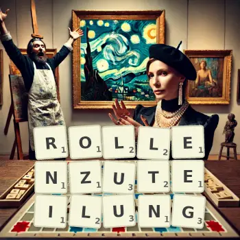 Kreative Illustration für ein Scrabble-Spiel, bei dem das Wort ROLLENZUTEILUNG mit Steinen auf dem Brett gelegt wurde.