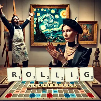 Kreative Illustration für ein Scrabble-Spiel, bei dem das Wort ROLLIG mit Steinen auf dem Brett gelegt wurde.