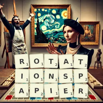 Kreative Illustration für ein Scrabble-Spiel, bei dem das Wort ROTATIONSPAPIER mit Steinen auf dem Brett gelegt wurde.