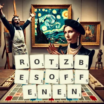 Kreative Illustration für ein Scrabble-Spiel, bei dem das Wort ROTZBESOFFENEN mit Steinen auf dem Brett gelegt wurde.