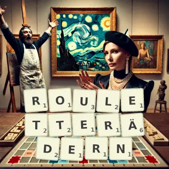 Kreative Illustration für ein Scrabble-Spiel, bei dem das Wort ROULETTERÄDERN mit Steinen auf dem Brett gelegt wurde.