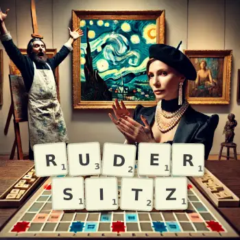 Kreative Illustration für ein Scrabble-Spiel, bei dem das Wort RUDERSITZ mit Steinen auf dem Brett gelegt wurde.