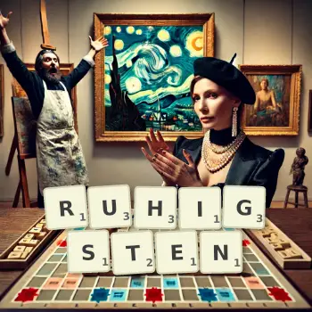 Kreative Illustration für ein Scrabble-Spiel, bei dem das Wort RUHIGSTEN mit Steinen auf dem Brett gelegt wurde.